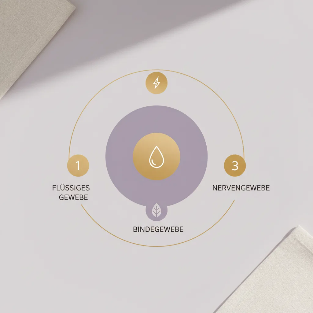 Abstrakte Infografik: Drei Schichten des Körpergewebes symbolisch dargestellt in lila-gold Tönen