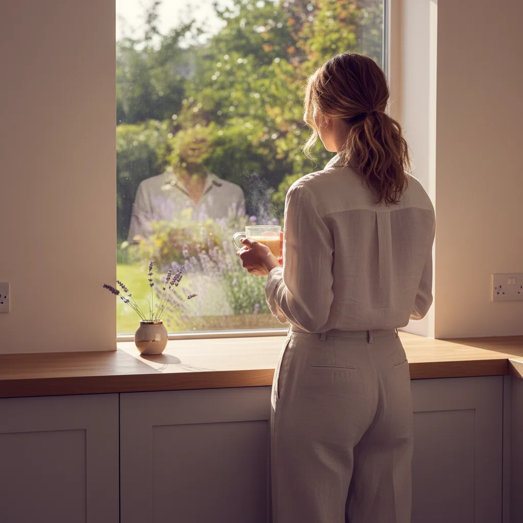 Anonyme Person von hinten am Küchenfenster, hält eine Tasse Kaffee im Morgenlicht